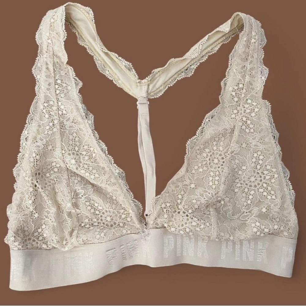 PINK Victoria's Secret Cream Lace Bralette with Plunging Neckline